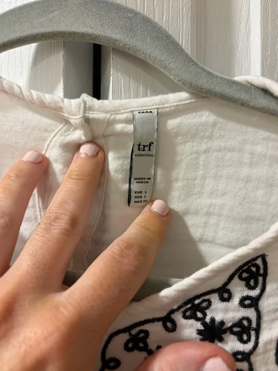 Zara Trafaluc Boho Embroidered Blouse | Pom Trim Peplum Top | Size L - Picture 3 of 6